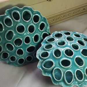 Vintage Set Of 2 Lotus Seed Pod Vases Aqua Blue